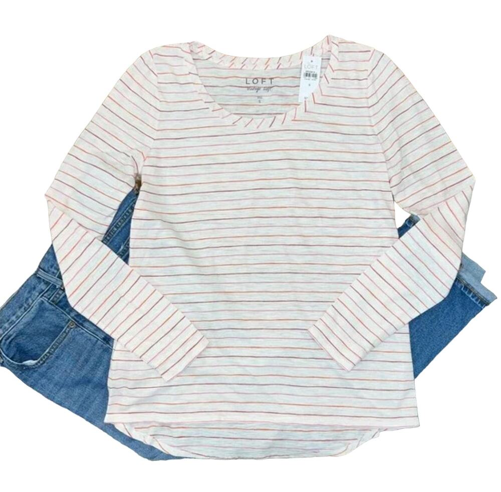 NWT LOFT White W/Pink, Orange & Red Stripes Long Sleeve Cotton Tee - SIZE SMALL